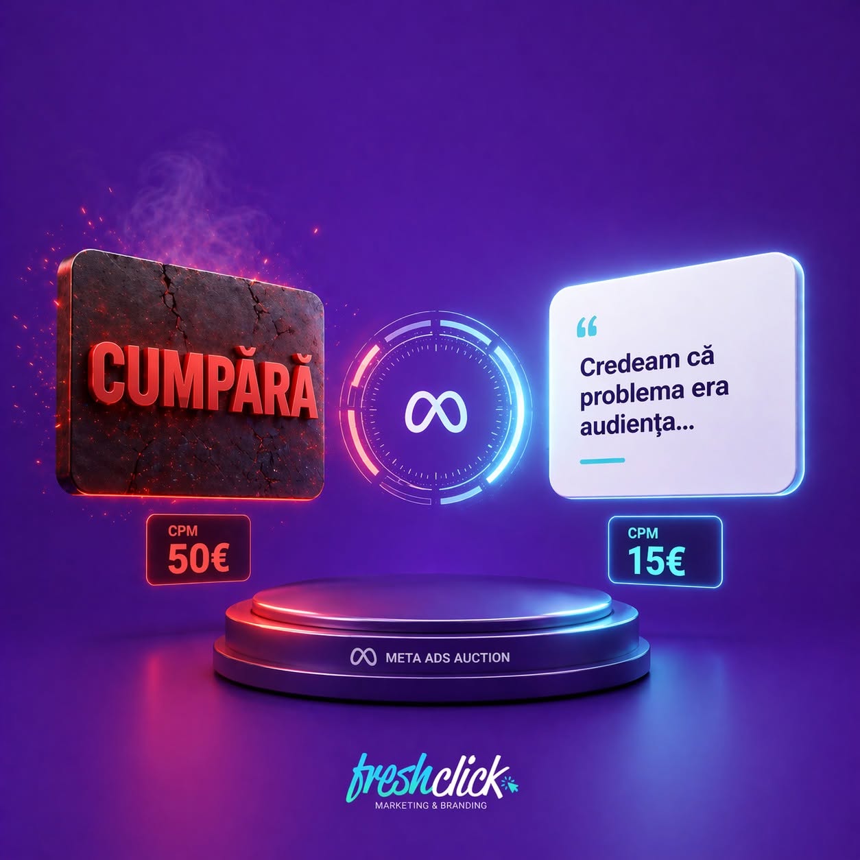 FreshClick social media visual comparing Meta Ads messages and CPM