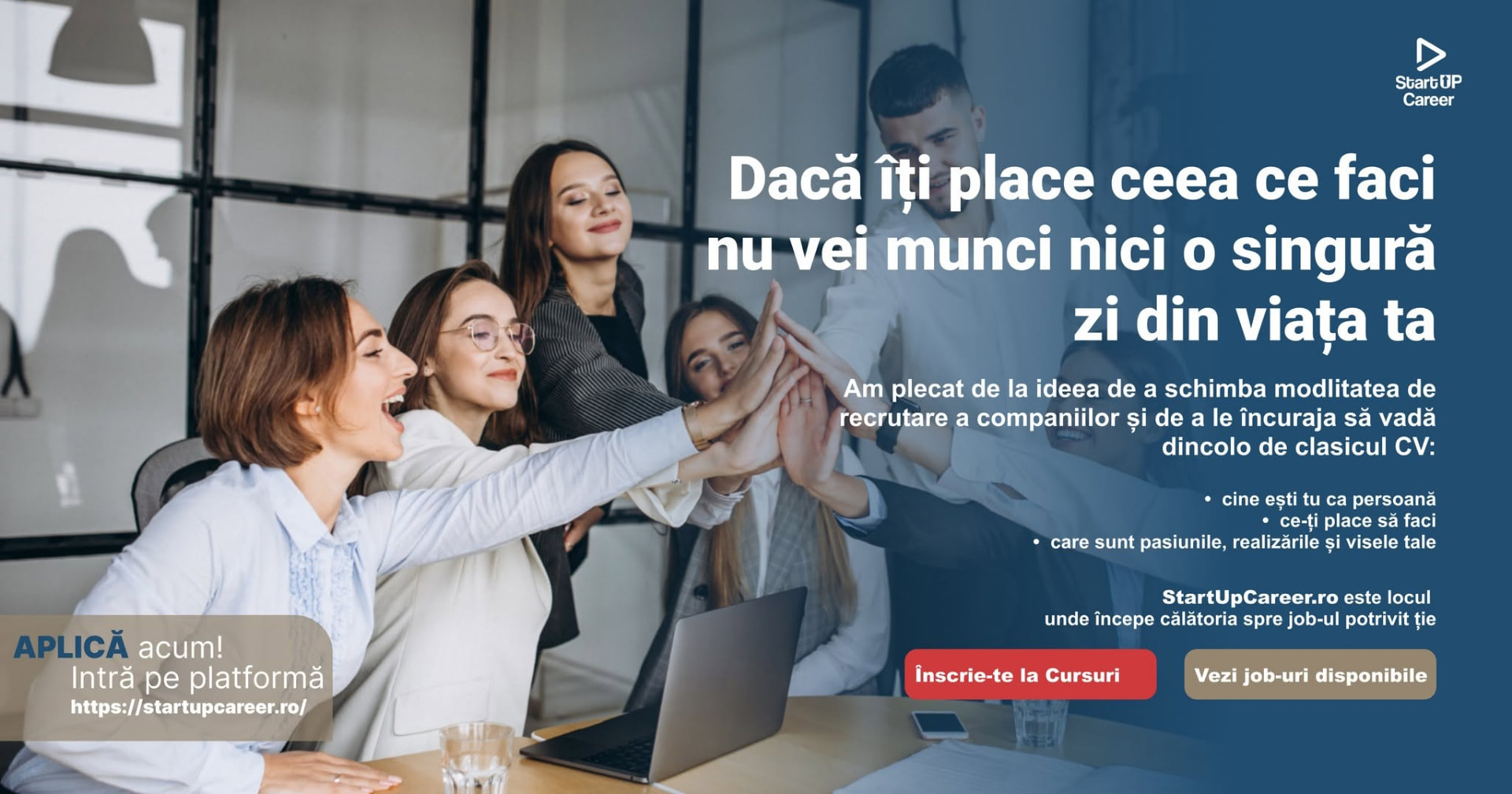 Platform banner about doing work you love, with calls to action for courses and jobs