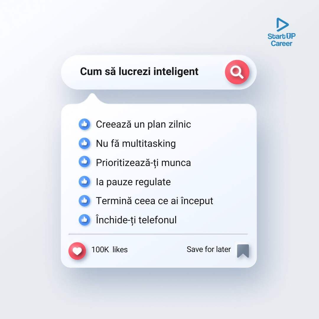 Social post with tips on how to work smart, styled as a search result card