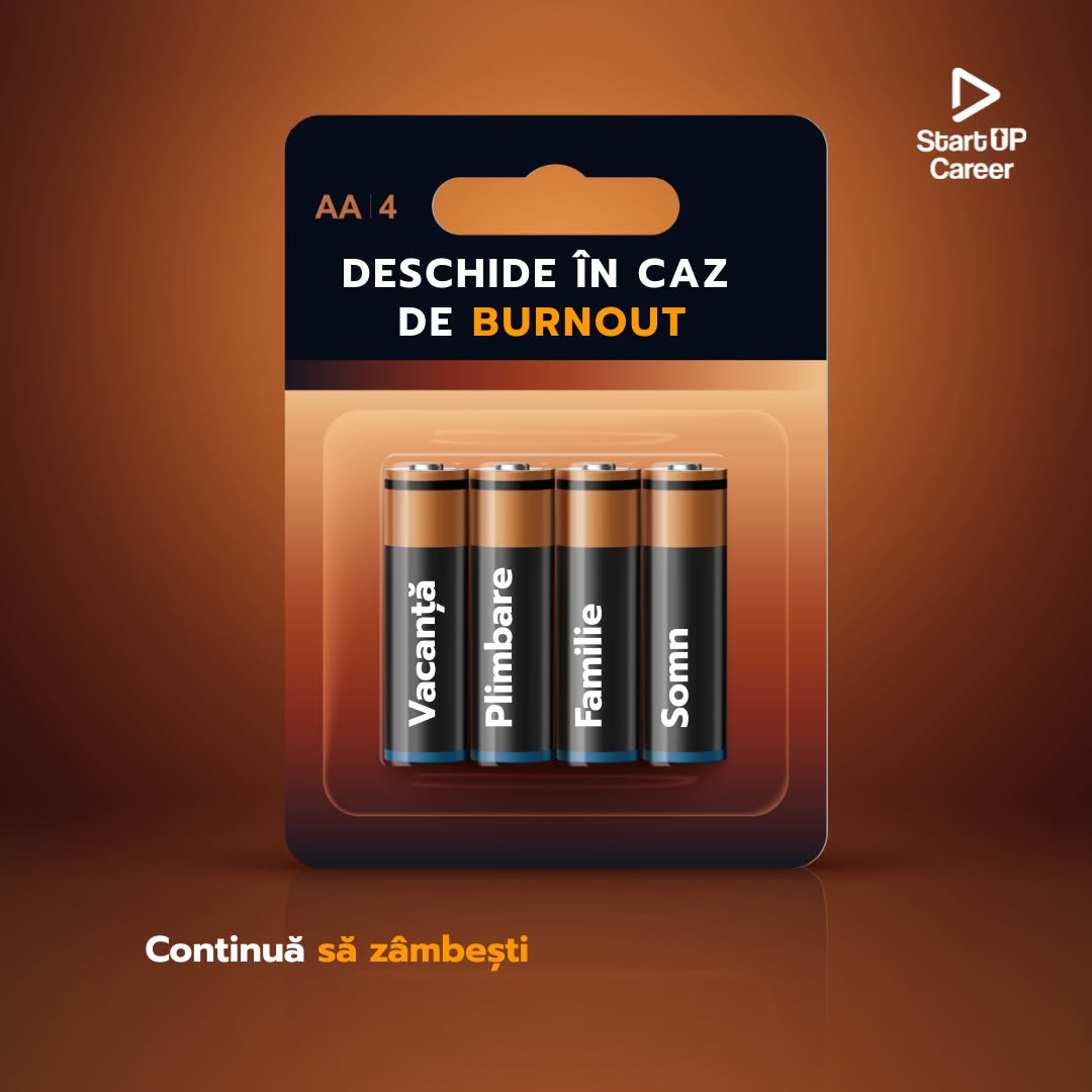 Creative visual on burnout, designed as a battery pack labelled holiday, walk, family and sleep